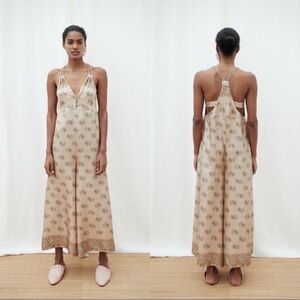 Nanushka Sunshine Beige Paisley Printed Silk Wide Leg Cropped Jumpsuit